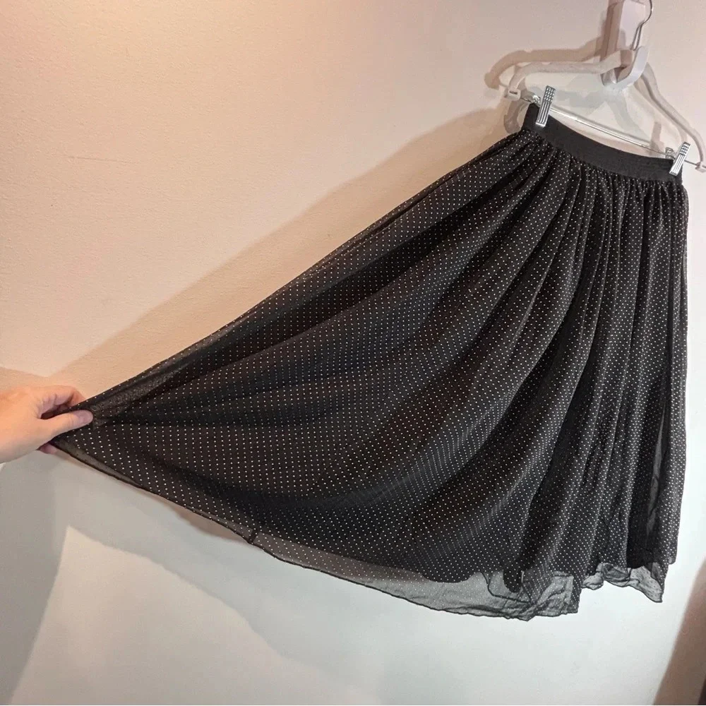 EVER NEW Sz 2 Gathered Elastic Waist Sheer Lined Gold  Polka Dot Midi Skirt NEW - Picture 4 of 12